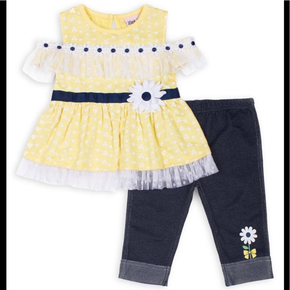 Little Lass Daisy Eyelet Top & Faux Denim Capris